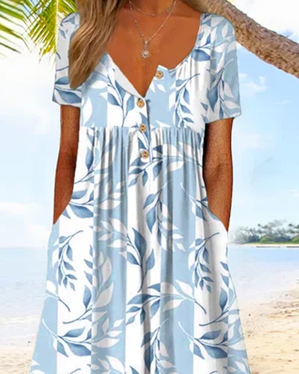 Women's Leaf Print V-Neck Short Sleeve Fall Midi Dress A-Line