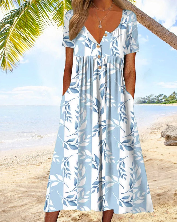 Women's Leaf Print V-Neck Short Sleeve Fall Midi Dress A-Line