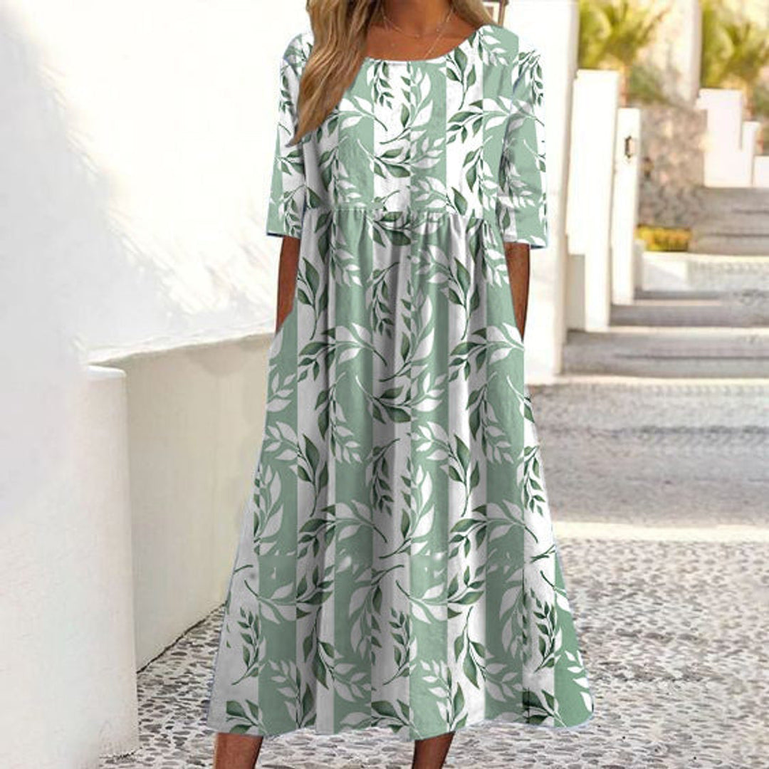 Women's Leaf Print V-Neck Short Sleeve Fall Midi Dress A-Line