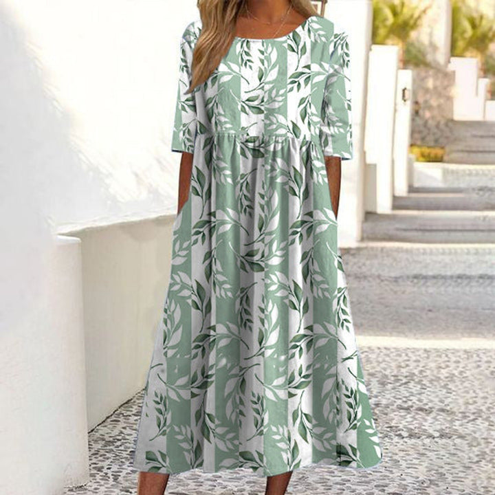 Women's Leaf Print V-Neck Short Sleeve Fall Midi Dress A-Line