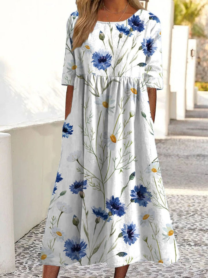 Women's Leaf Print V-Neck Short Sleeve Fall Midi Dress A-Line