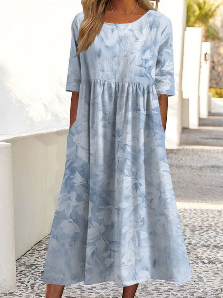 Women's Leaf Print V-Neck Short Sleeve Fall Midi Dress A-Line