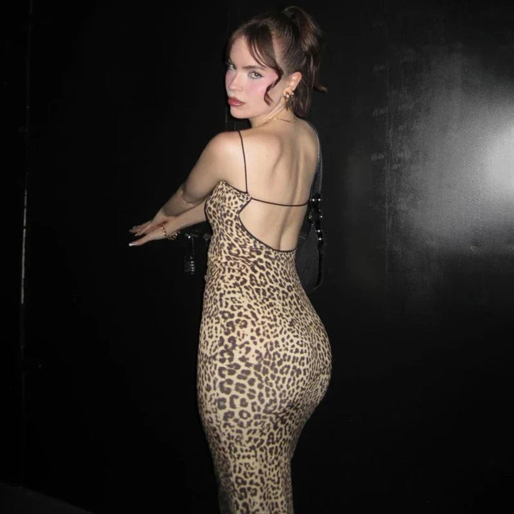 Women's Leopard Print Backless Fall Midi Dress Spaghetti Strap