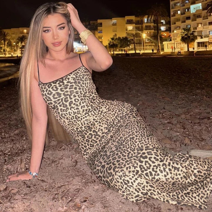 Women's Leopard Print Backless Fall Midi Dress Spaghetti Strap