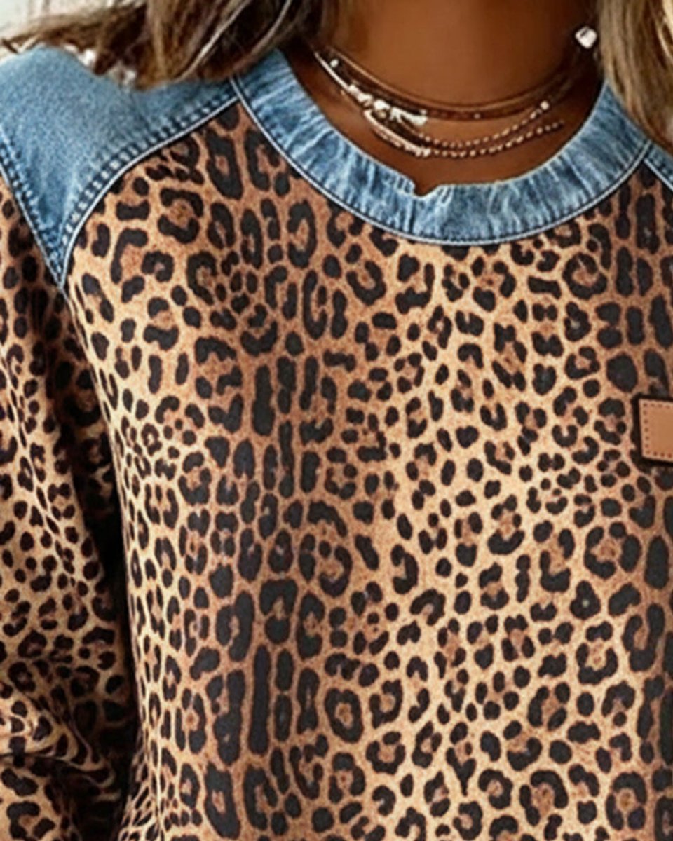 Women's Leopard Print Denim Patchwork Oversized Sweater