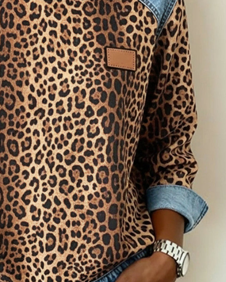 Women's Leopard Print Denim Patchwork Oversized Sweater