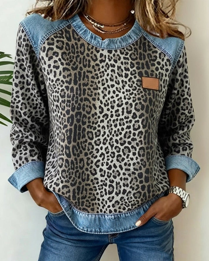 Women's Leopard Print Denim Patchwork Oversized Sweater