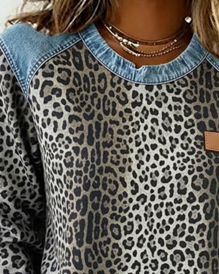 Women's Leopard Print Denim Patchwork Oversized Sweater