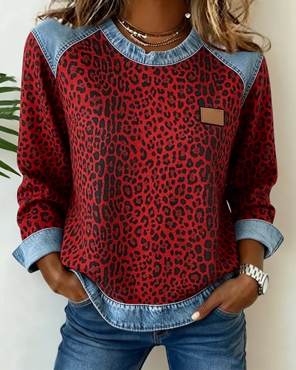 Women's Leopard Print Denim Patchwork Oversized Sweater