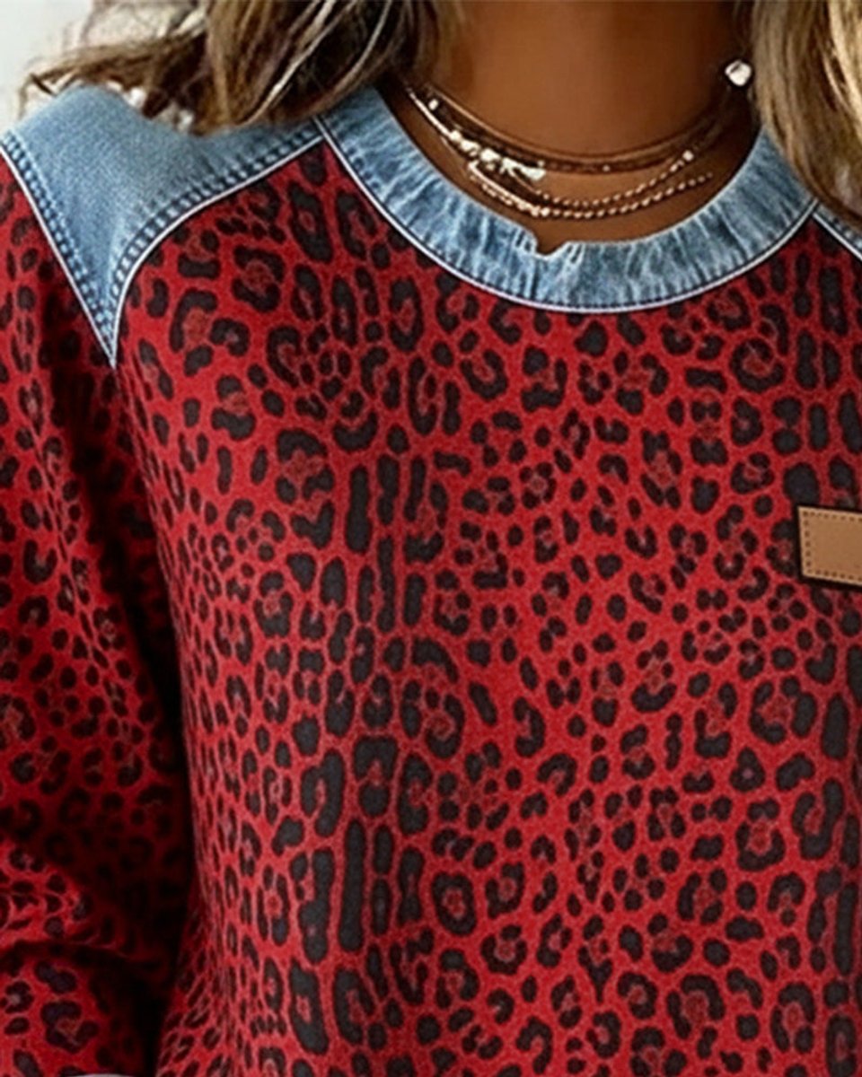 Women's Leopard Print Denim Patchwork Oversized Sweater