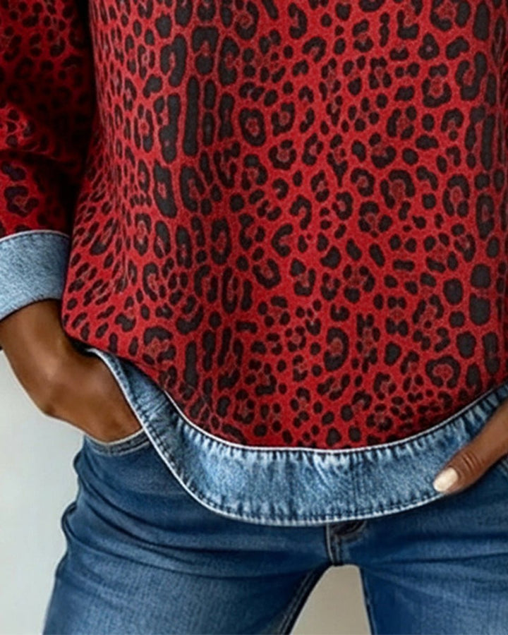 Women's Leopard Print Denim Patchwork Oversized Sweater