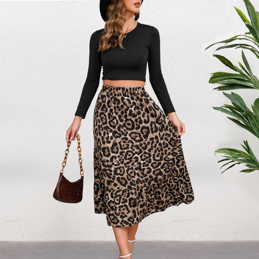 Women's Leopard Print High-Waist Ruffle Hem Fall Midi Skirt