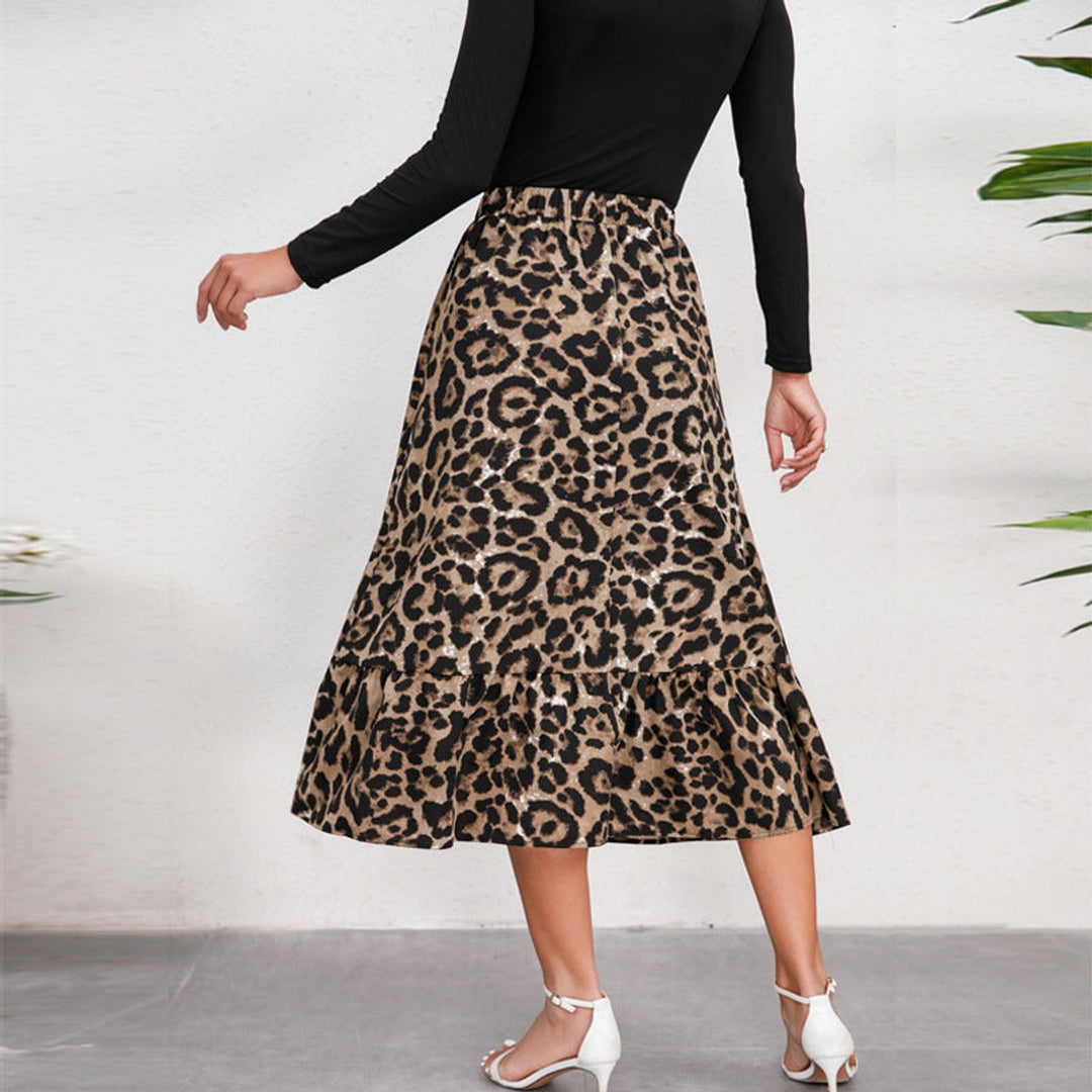 Women's Leopard Print High-Waist Ruffle Hem Fall Midi Skirt