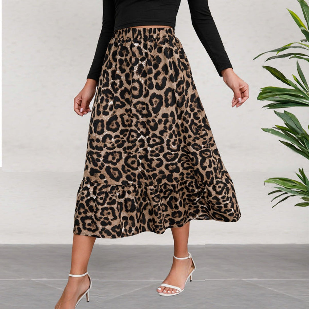 Women's Leopard Print High-Waist Ruffle Hem Fall Midi Skirt
