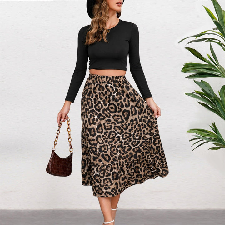 Women's Leopard Print High-Waist Ruffle Hem Fall Midi Skirt
