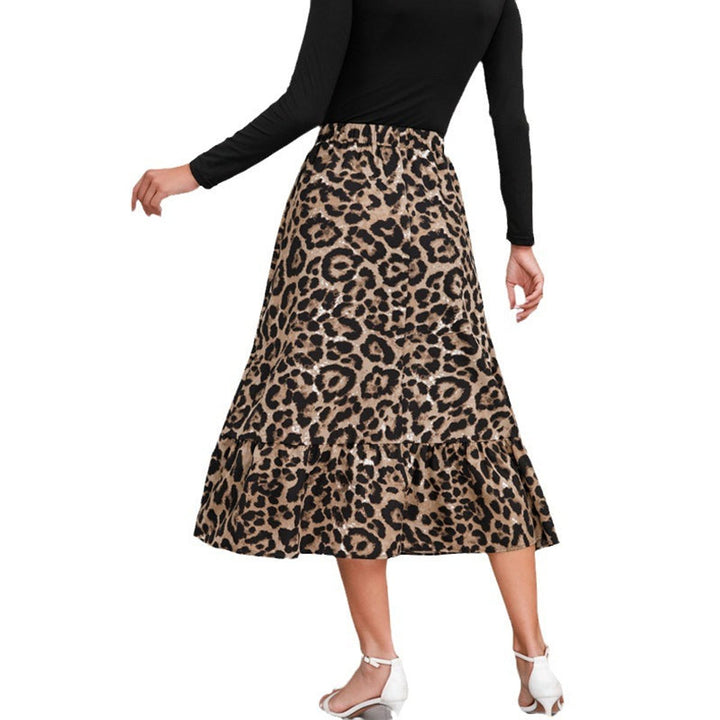 Women's Leopard Print High-Waist Ruffle Hem Fall Midi Skirt