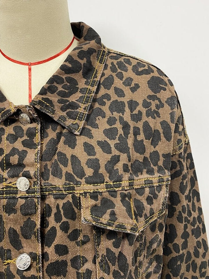 Women's Leopard Print Long Sleeve Frayed Denim Jacket