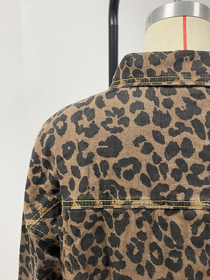 Women's Leopard Print Long Sleeve Frayed Denim Jacket