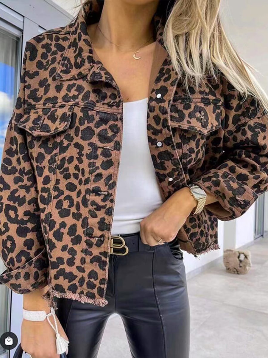 Women's Leopard Print Long Sleeve Frayed Denim Jacket
