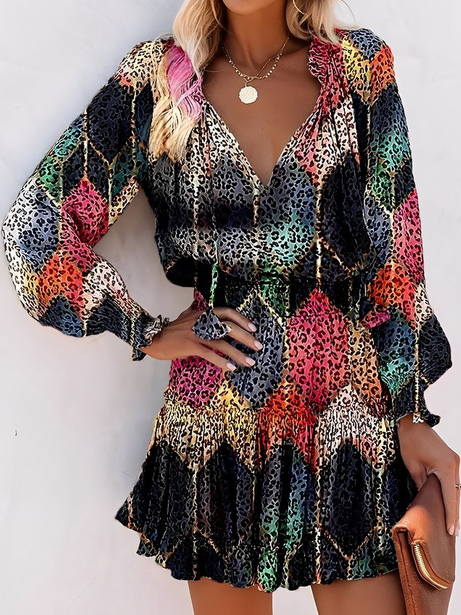 Women's Leopard Print Long Sleeve V-Neck Fall Wedding Guest Dress