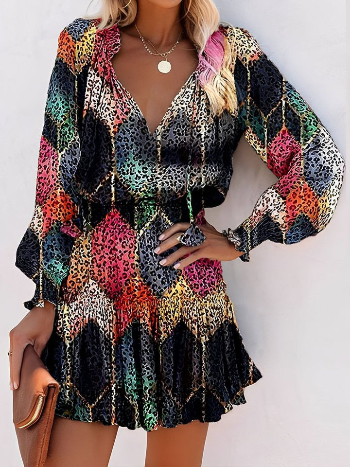Women's Leopard Print Long Sleeve V-Neck Fall Wedding Guest Dress
