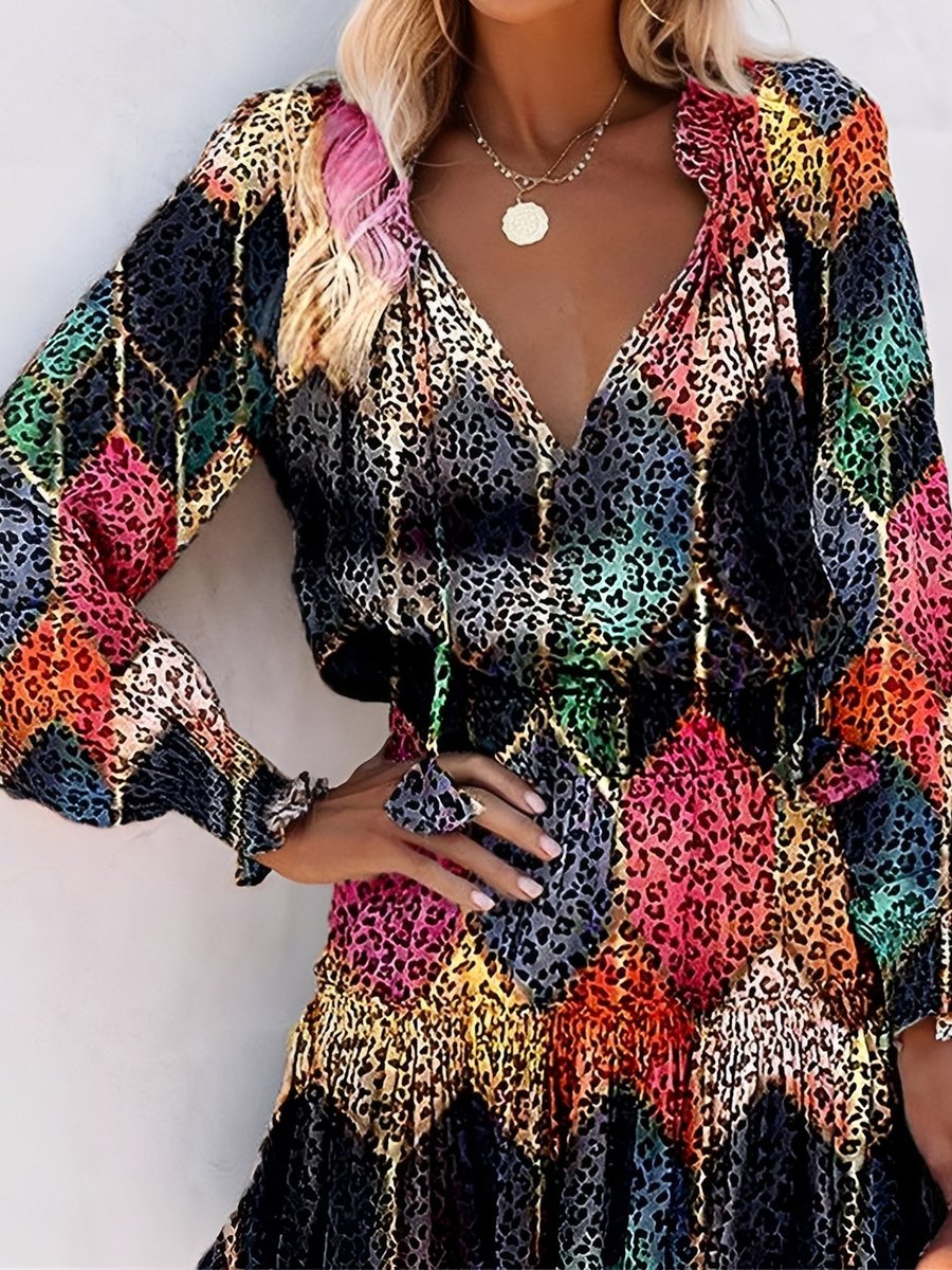 Women's Leopard Print Long Sleeve V-Neck Fall Wedding Guest Dress