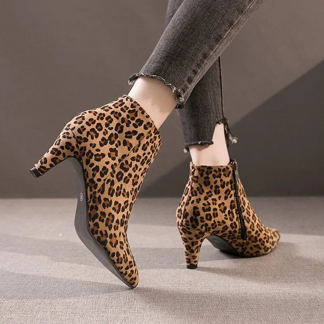 Women's Leopard Print Stiletto Heel Pointed-Toe Ankle Boots