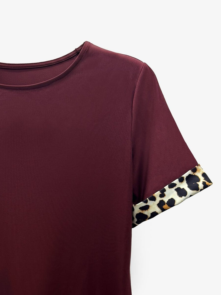 Women's Leopard Print Trim Short Sleeve Fall Wedding Guest Dress