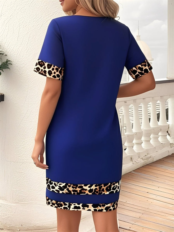 Women's Leopard Print Trim Short Sleeve Fall Wedding Guest Dress