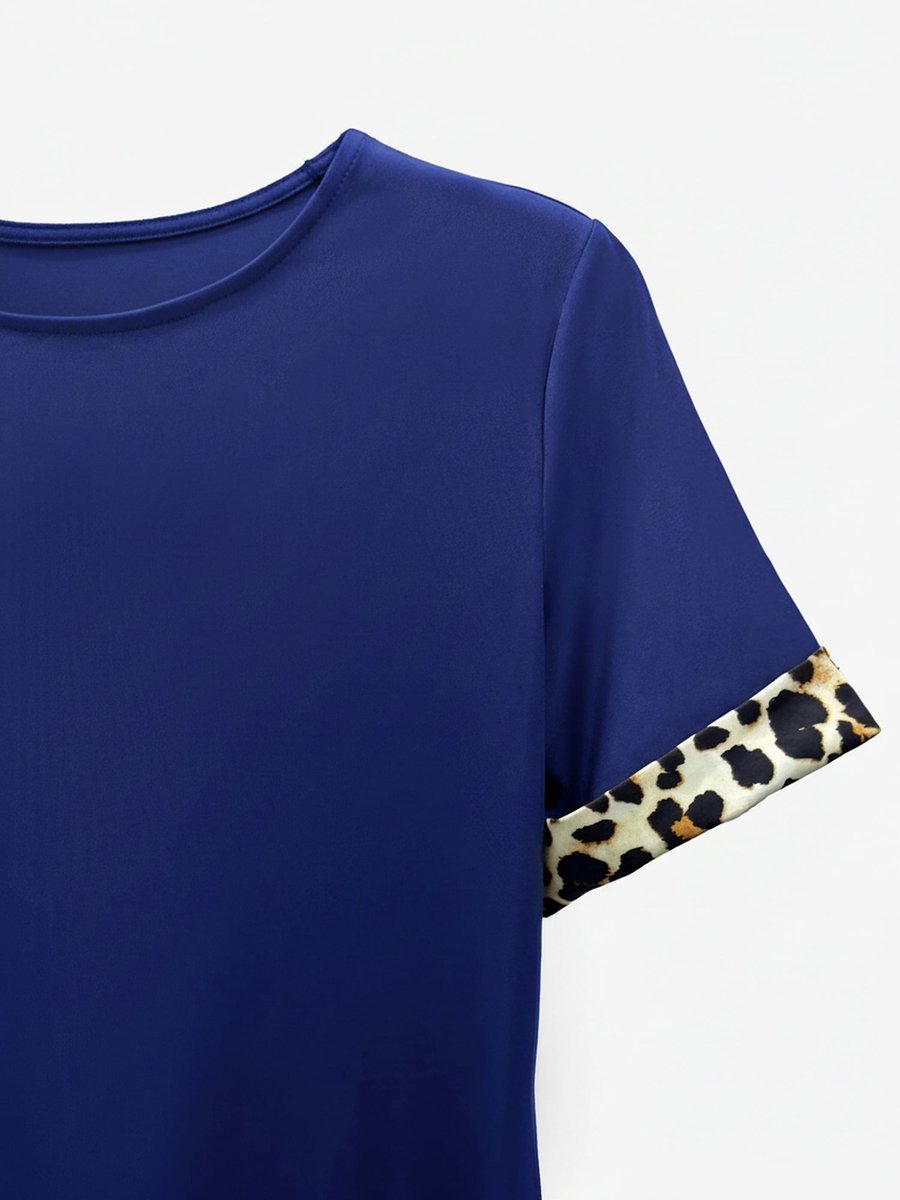 Women's Leopard Print Trim Short Sleeve Fall Wedding Guest Dress
