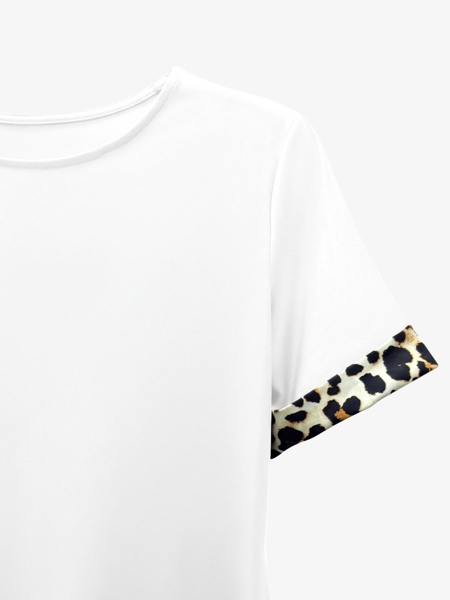 Women's Leopard Print Trim Short Sleeve Fall Wedding Guest Dress