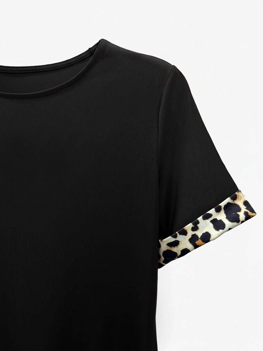 Women's Leopard Print Trim Short Sleeve Fall Wedding Guest Dress