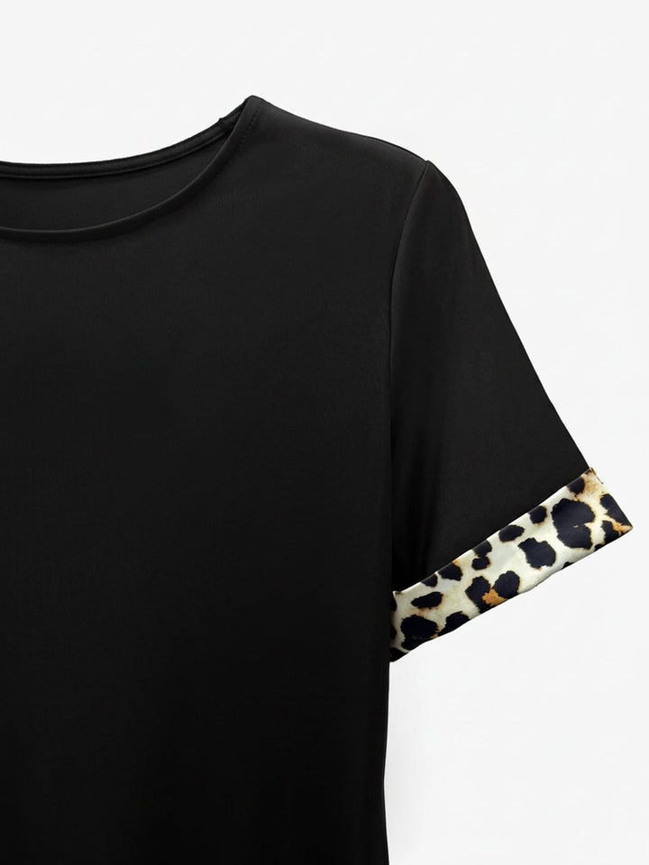 Women's Leopard Print Trim Short Sleeve Fall Wedding Guest Dress