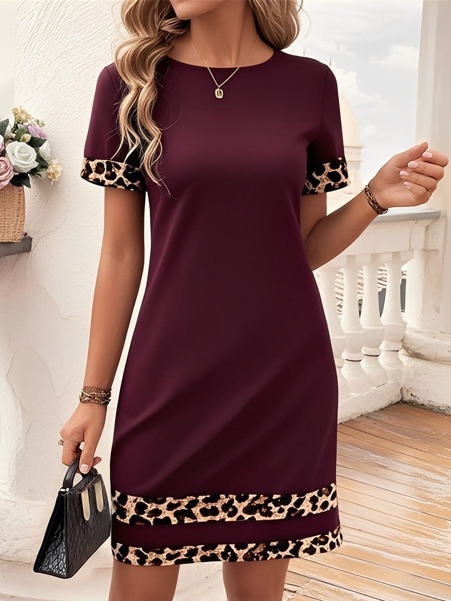 Women's Leopard Print Trim Short Sleeve Fall Wedding Guest Dress