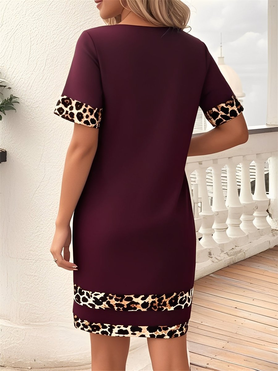 Women's Leopard Print Trim Short Sleeve Fall Wedding Guest Dress
