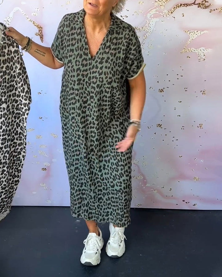 Women's Leopard Print V-Neck Loose Fall Midi Dress