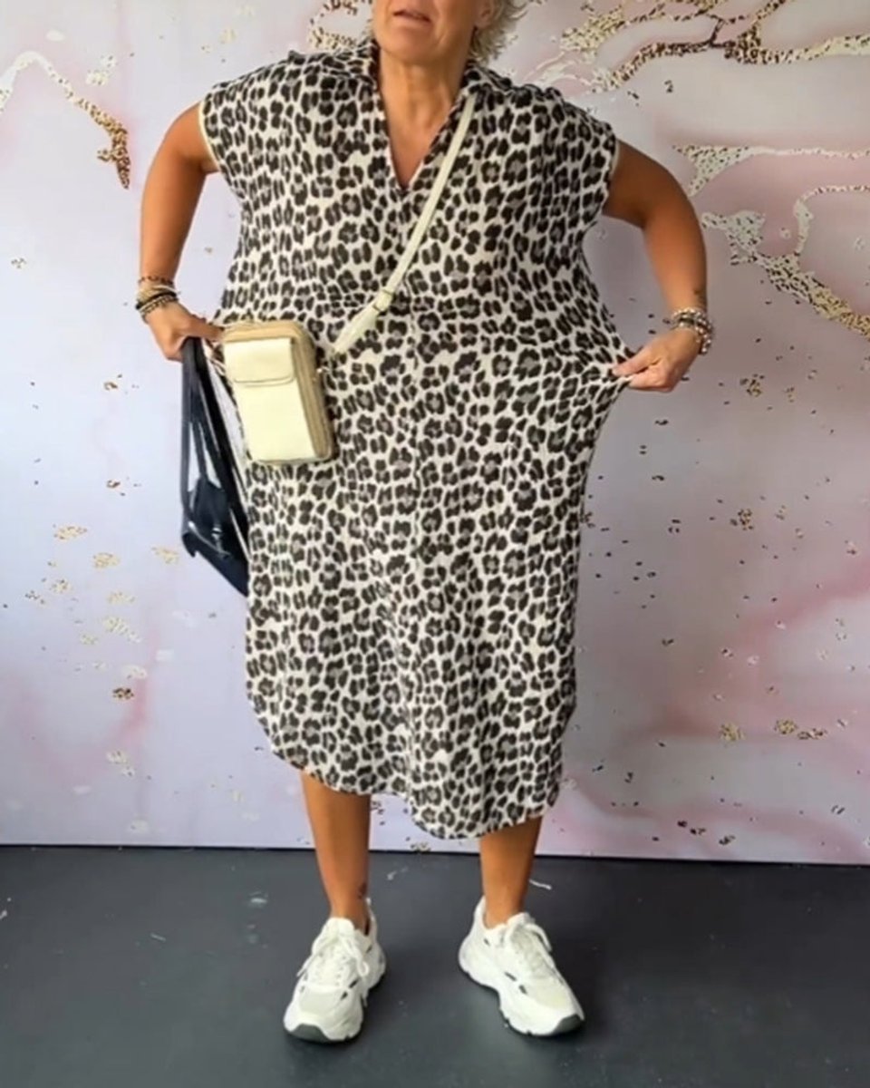 Women's Leopard Print V-Neck Loose Fall Midi Dress