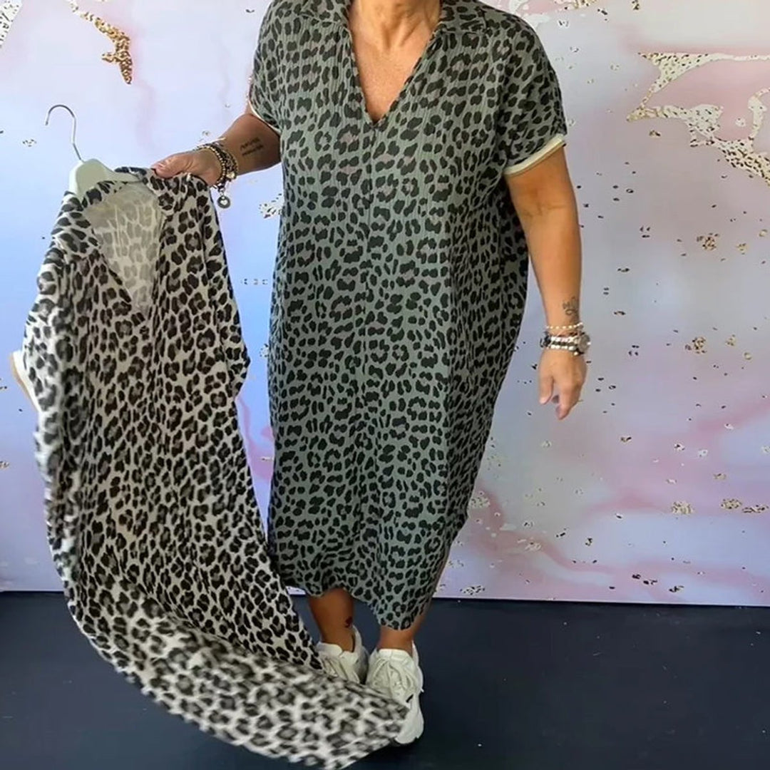 Women's Leopard Print V-Neck Loose Fall Midi Dress