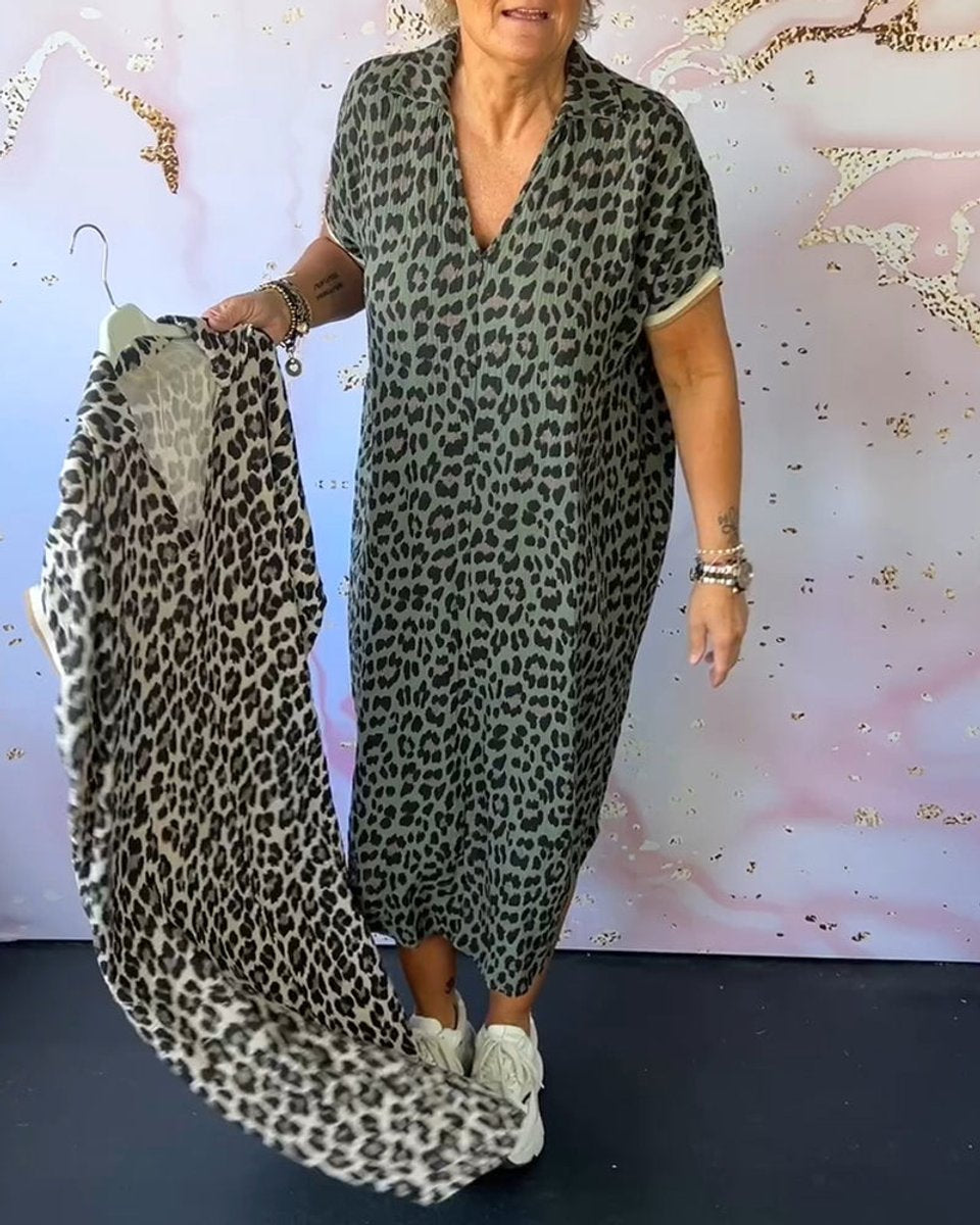 Women's Leopard Print V-Neck Loose Fall Midi Dress