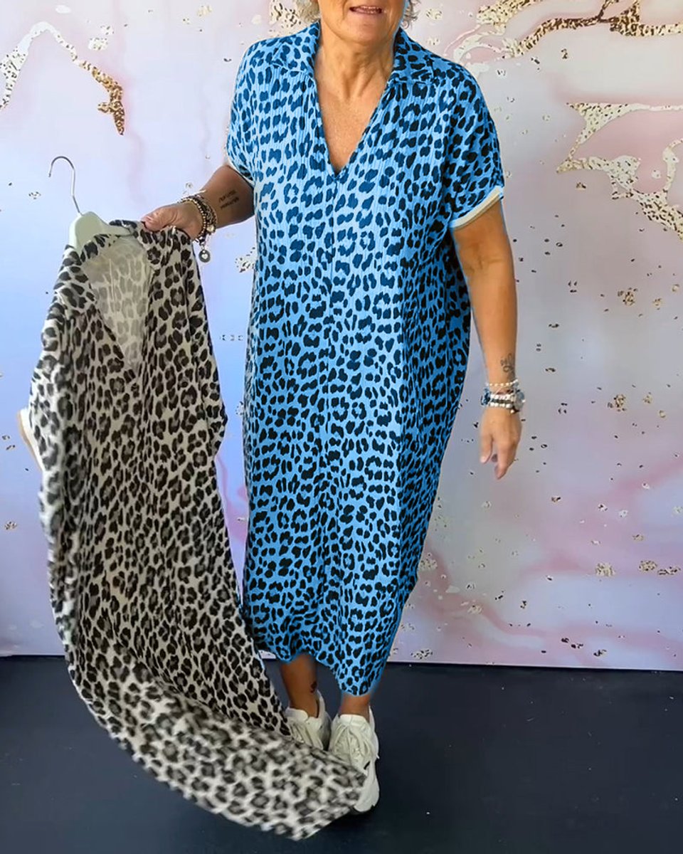 Women's Leopard Print V-Neck Loose Fall Midi Dress