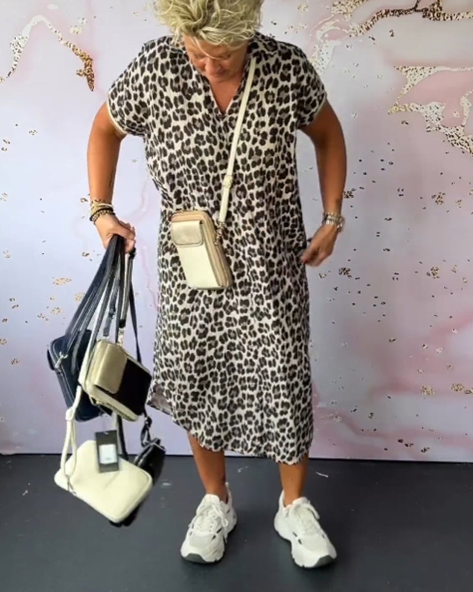 Women's Leopard Print V-Neck Loose Fall Midi Dress