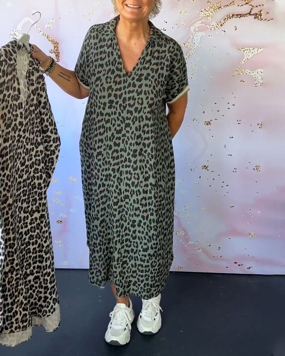 Women's Leopard Print V-Neck Loose Fall Midi Dress