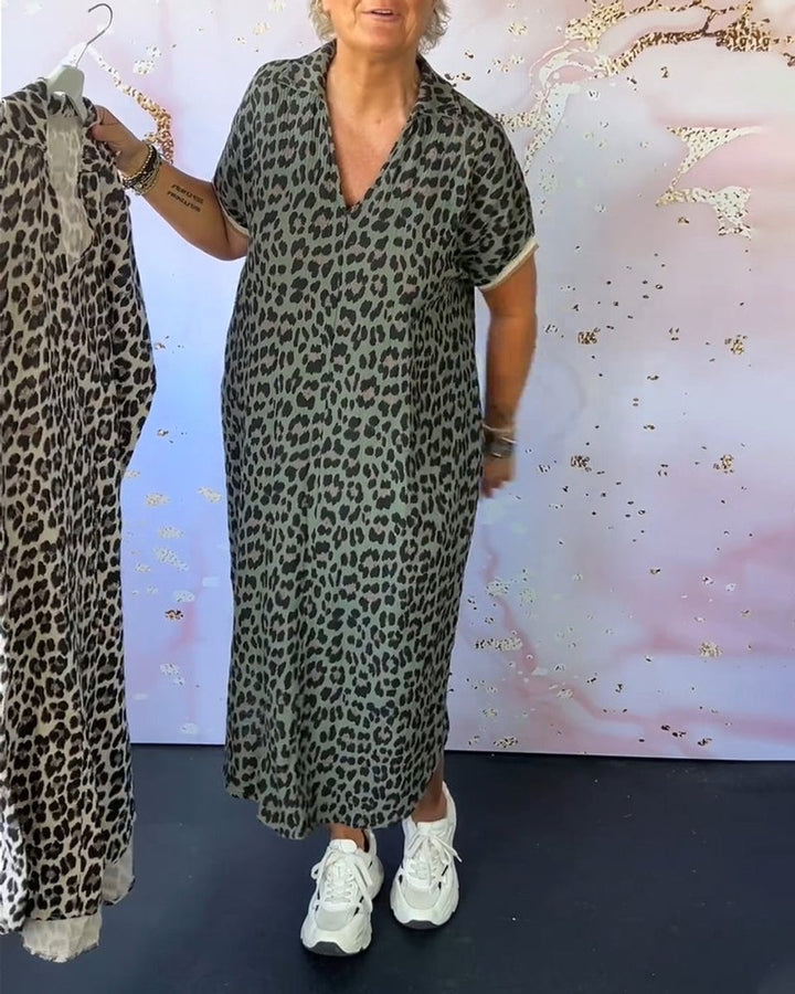 Women's Leopard Print V-Neck Loose Fall Midi Dress