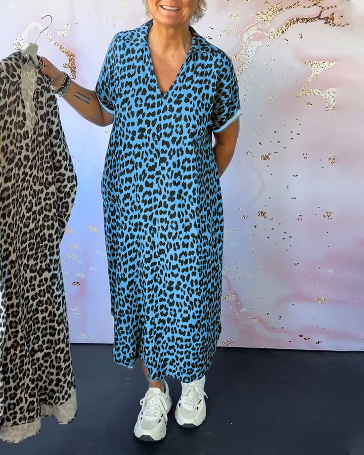 Women's Leopard Print V-Neck Loose Fall Midi Dress
