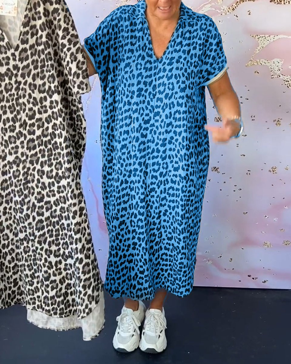 Women's Leopard Print V-Neck Loose Fall Midi Dress