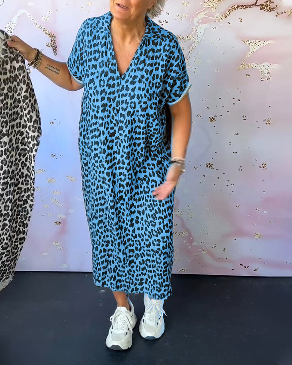 Women's Leopard Print V-Neck Loose Fall Midi Dress