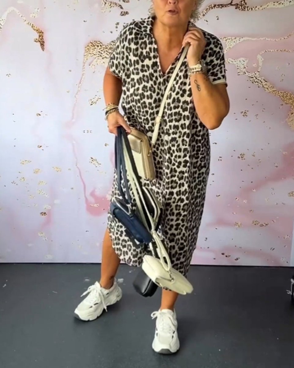 Women's Leopard Print V-Neck Loose Fall Midi Dress