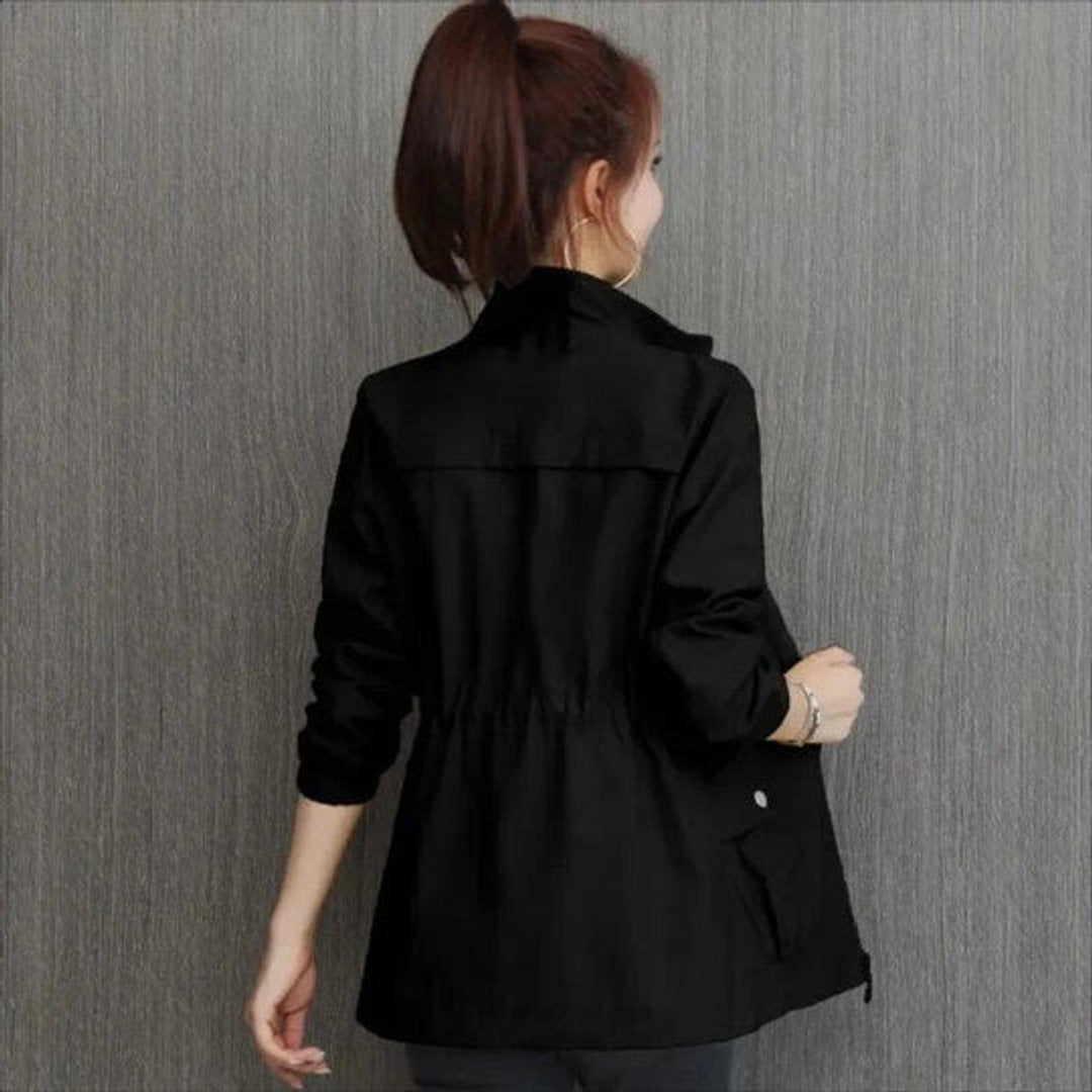 Women's Lightweight Adjustable-Waist Water-Resistant Trench Coat - Black