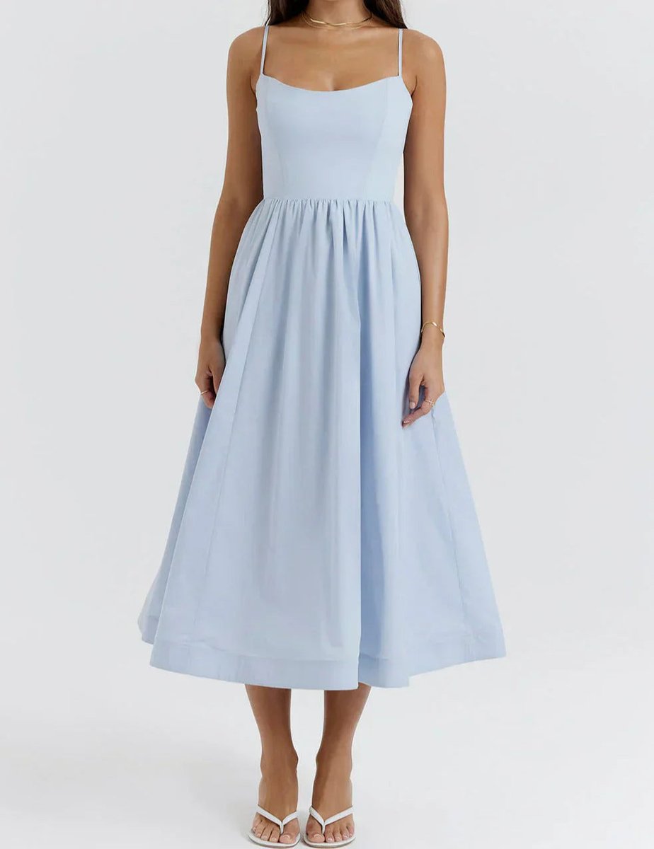 Women's Linen-Blend A-Line Fall Midi Dress Square Neck Spaghetti Strap