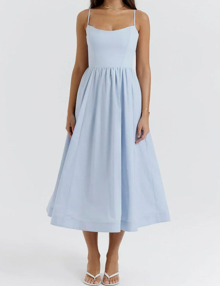 Women's Linen-Blend A-Line Fall Midi Dress Square Neck Spaghetti Strap